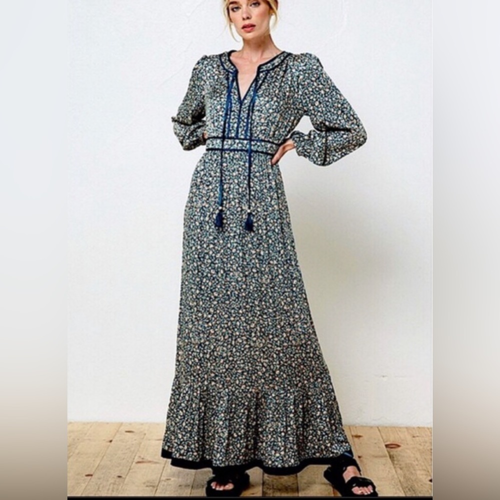 Boho Floral Maxi Dress | Navy Blue Long Sleeve Ruffle Hem Dress with Tassels - Picture 5 of 5